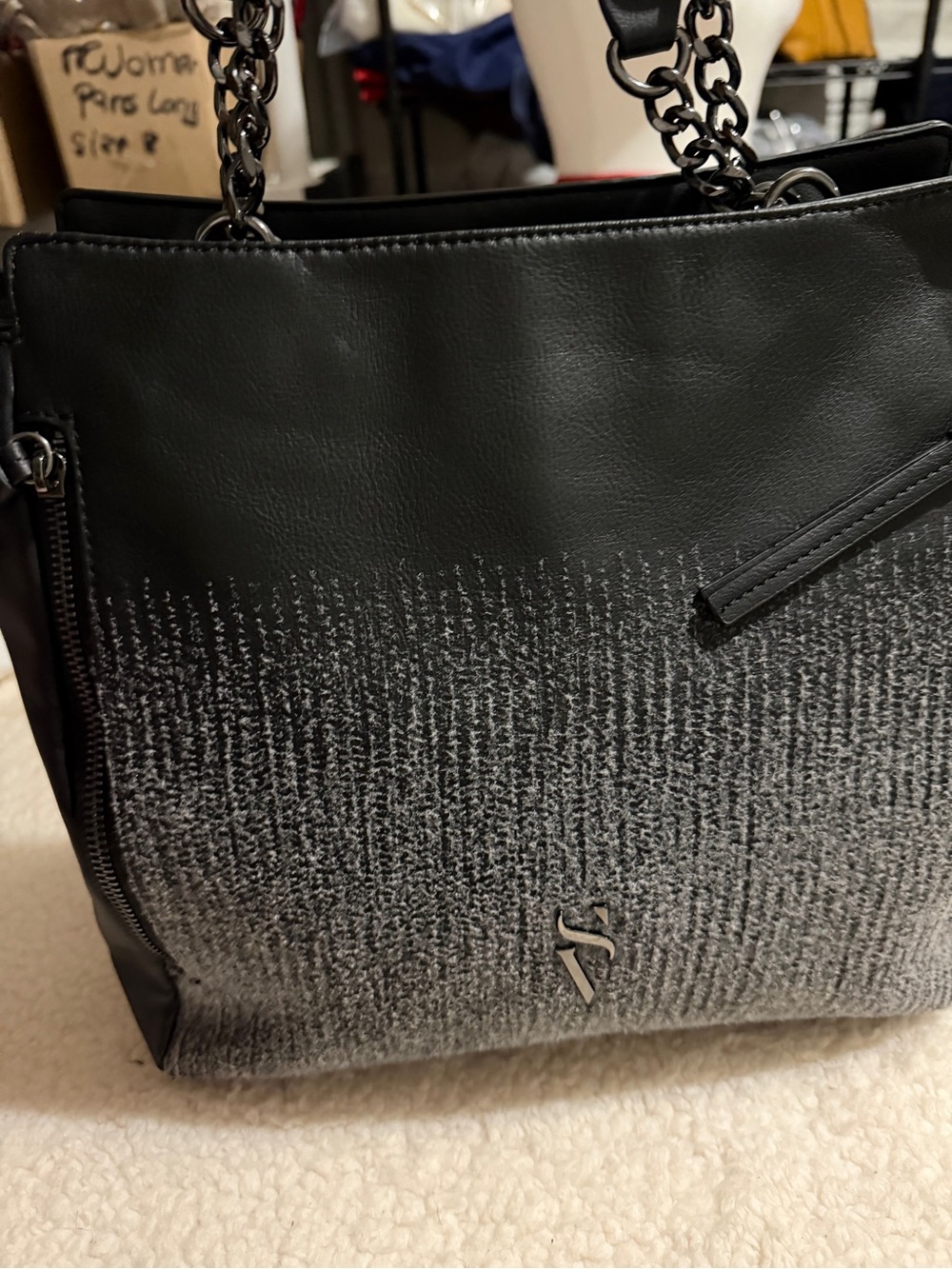 Textured Black and Gray Gradient Tote with Chain Handles